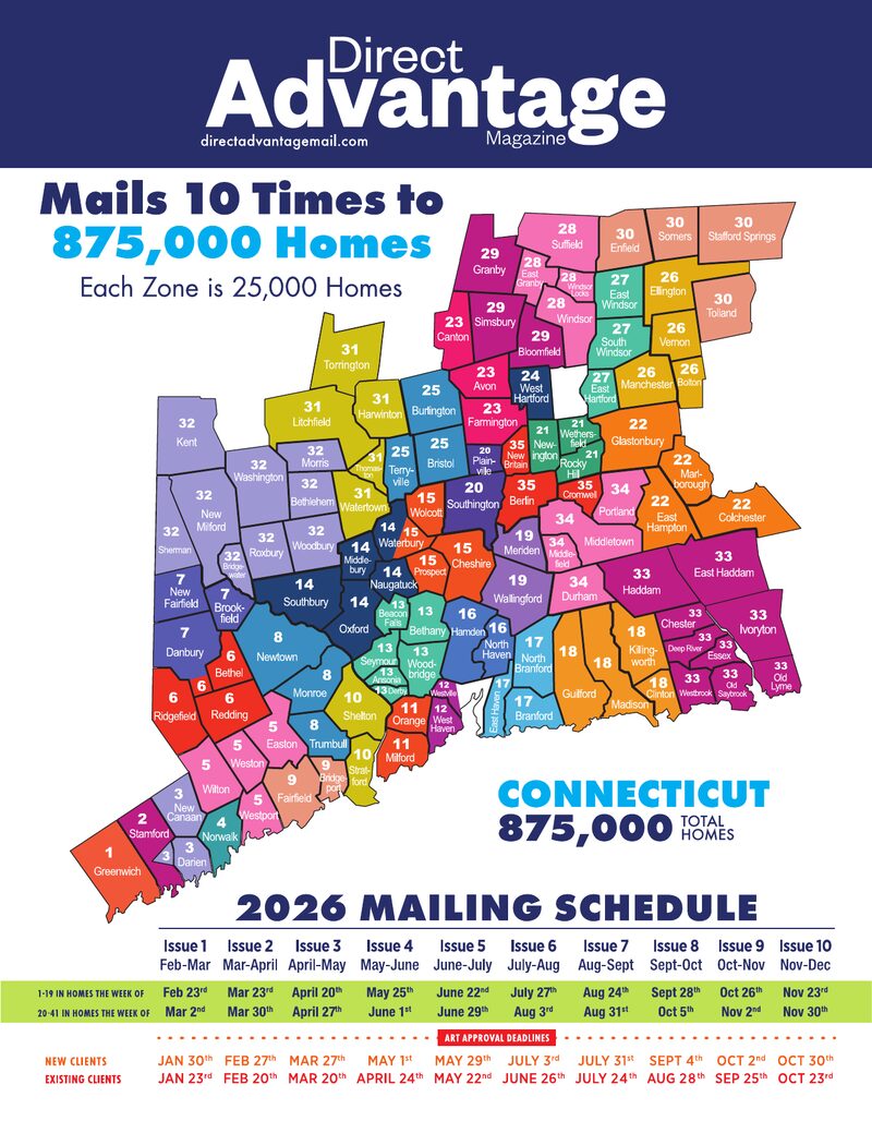 Connecticut zone coverage map — 35 zones across Fairfield, New Haven, Hartford, and surrounding counties