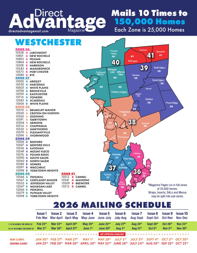 Westchester zone coverage map — zones 36 to 41 covering Yonkers, White Plains, Rye, Scarsdale, Chappaqua and surrounding areas